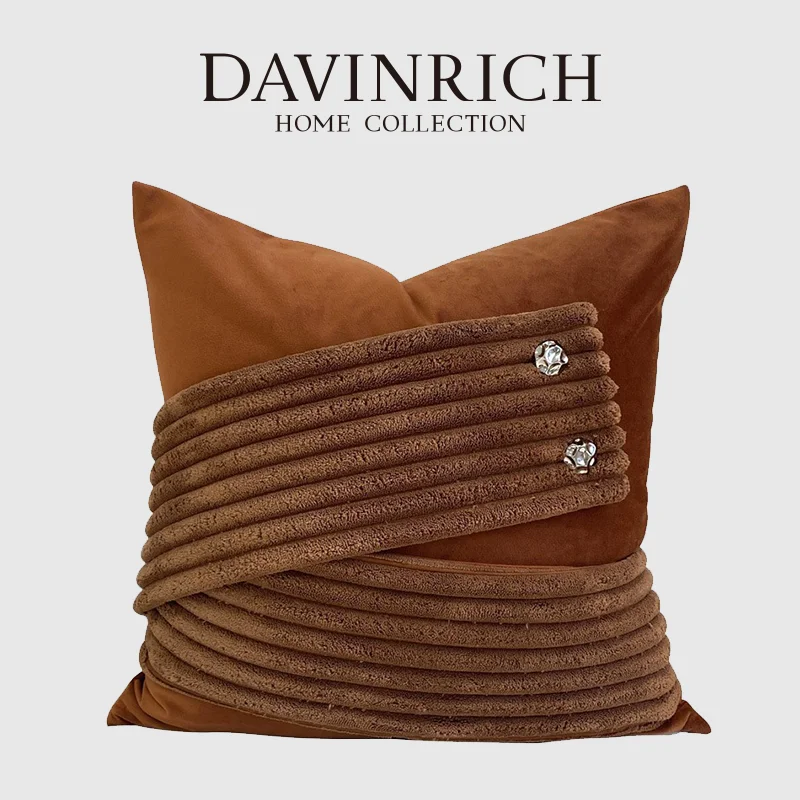 Davinrich Corduroy Velvet Burnt Orange Throw Pillow Cover Featuring Metal Knot Luxury Cushion Case Perfect For Sofa Armchair Bed