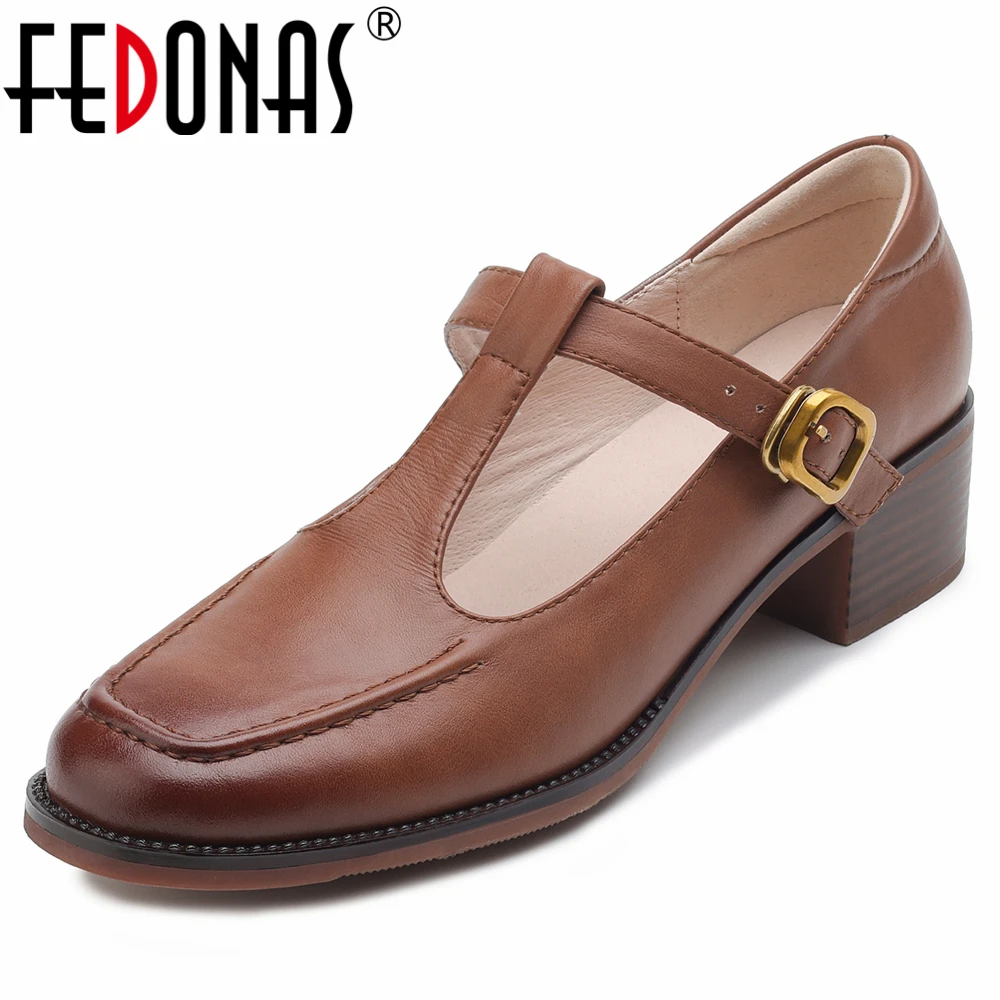 

FEDONAS High Quality Women Pumps Thick High Heels Genuine Leather T-strap Buckles Retro Spring Summer Shoes Woman Office Pumps