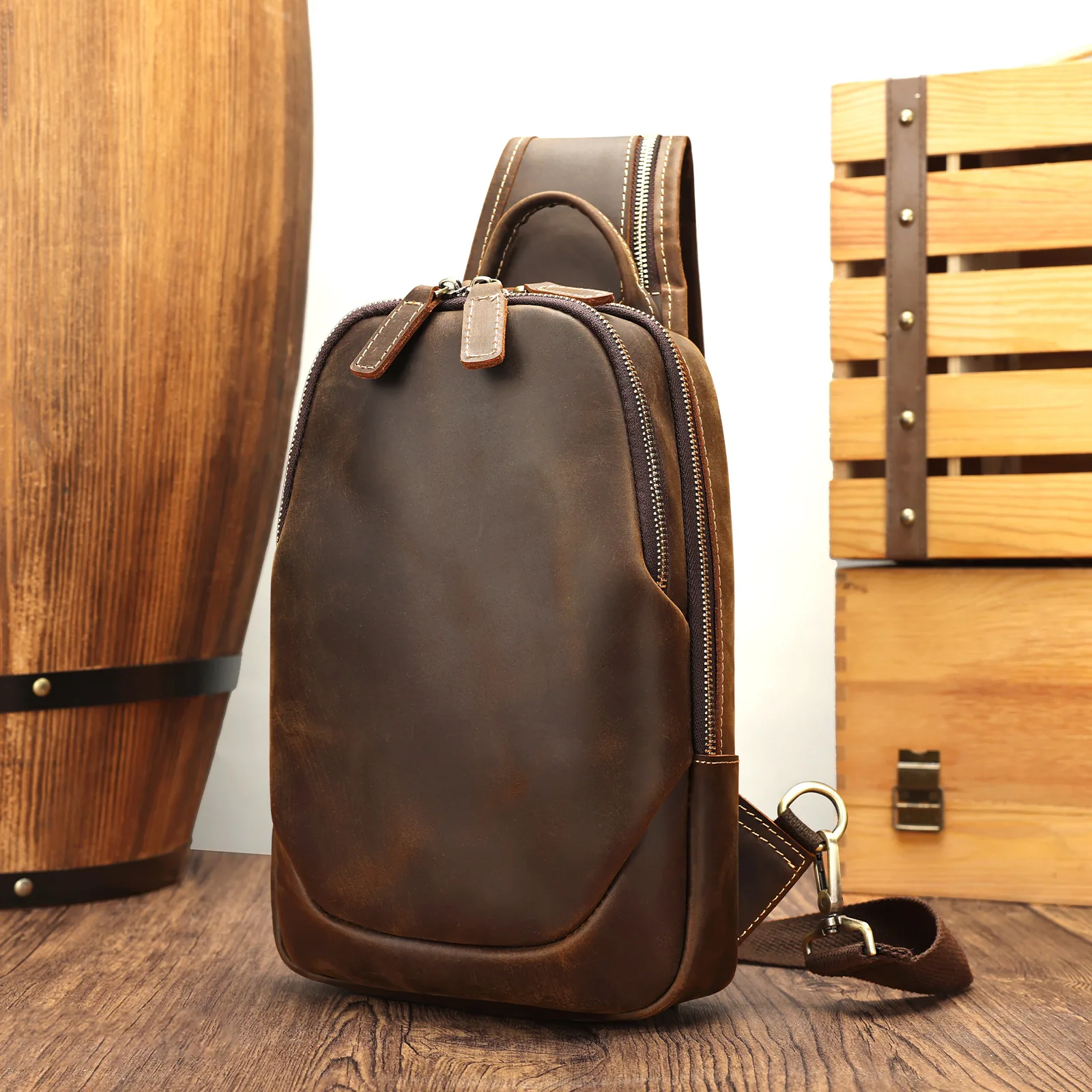 

Mans Chest Pack Fit 12" iPad Genuine Leather Male Sling Bag Sports Riding Chest Bag Male shoulder Travel Bag