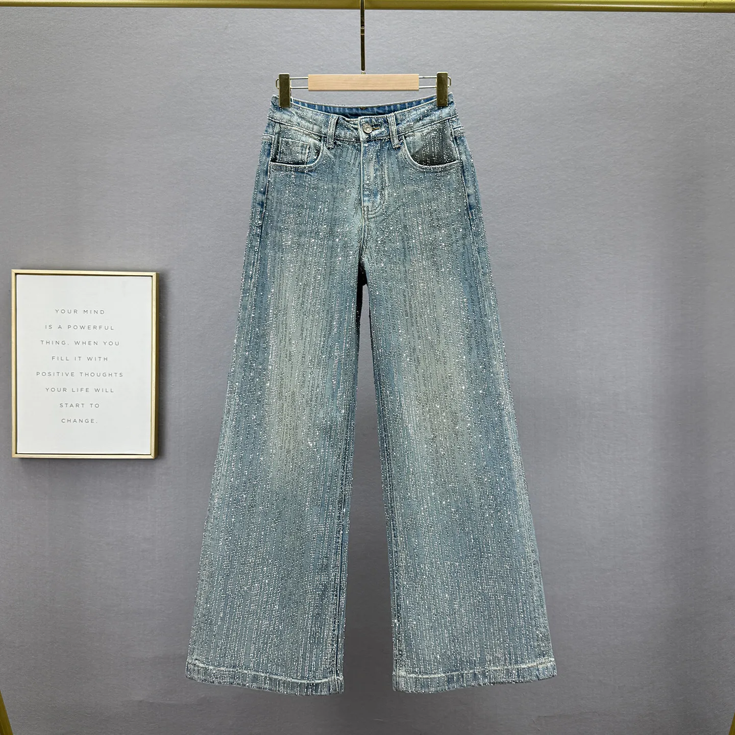 

Heavy-Duty Full Rhinestone Jeans for Women, Extended Length, 2026 Spring New High-Waisted Loose Slimming European Wide-Leg Pants