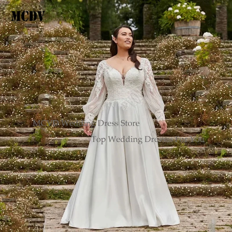 

MCDV Plus Size Wedding Dresses Long Puff Sleeves V Neck Satin A Line Bridal Gowns Lace Applique Customized