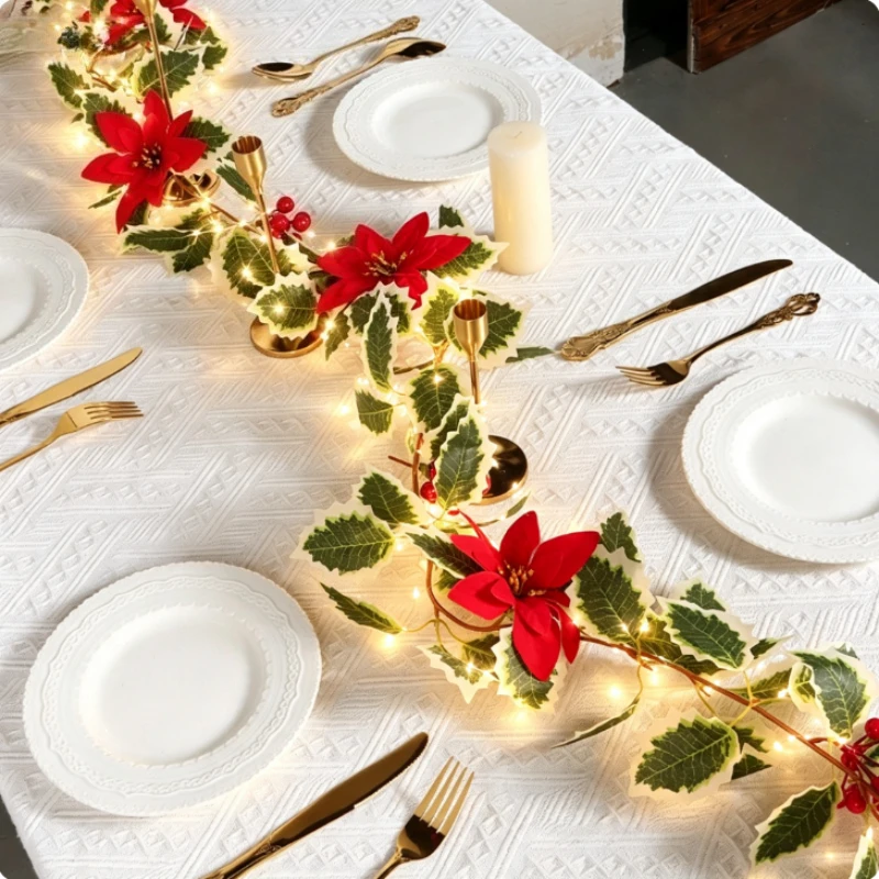 Glowing Red Poinsettia Berry Christmas Garland Garland Light Strings,175cm Christmas Garland Artificial Holly Vine,Xmas Decor