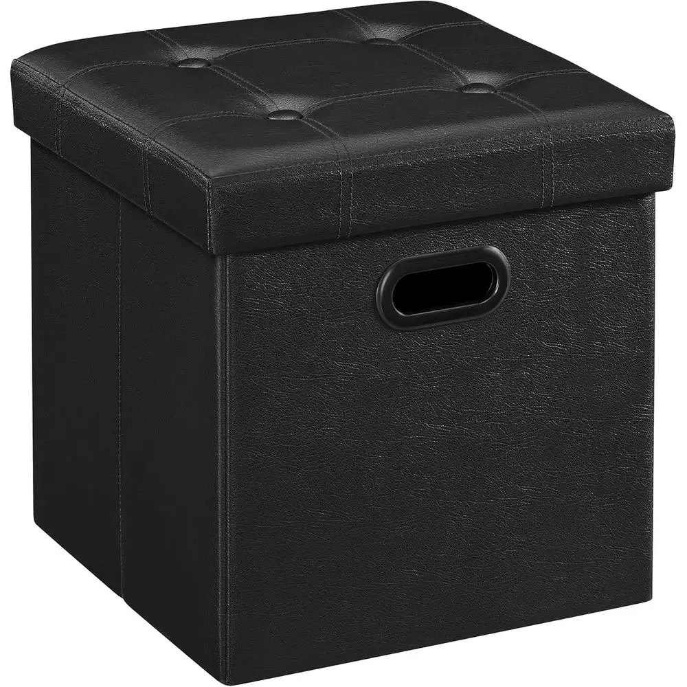15 Inch Storage Ottoman with Metal Handles, 660 lb Load, Synthetic Leather, Black for Dorms and Living Spaces