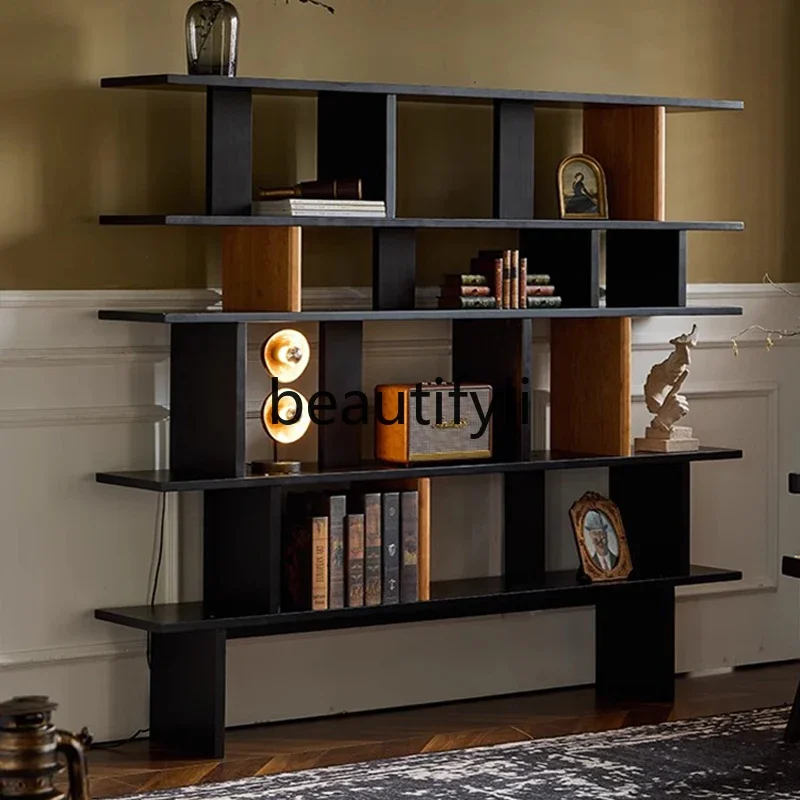 

Retro solid wood bookshelf living room floor-to-ceiling integrated home study multi-layer shelves