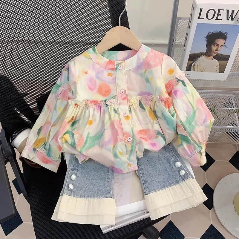 

2026 New Girls' Floral Print Long Sleeve Shirt Spring Autumn Kids' Chic Top