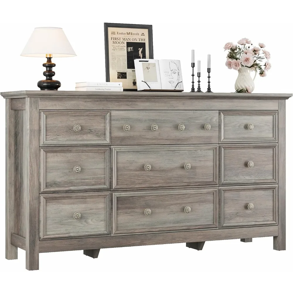 خزانة ذات 9 أدراج، خزانة كبيرة مقاس 57 بوصة لغرفة النوم، خزانة ذات أدراج خشبية بمقبض معدني، حامل تلفزيون لتلفزيون 70 بوصة