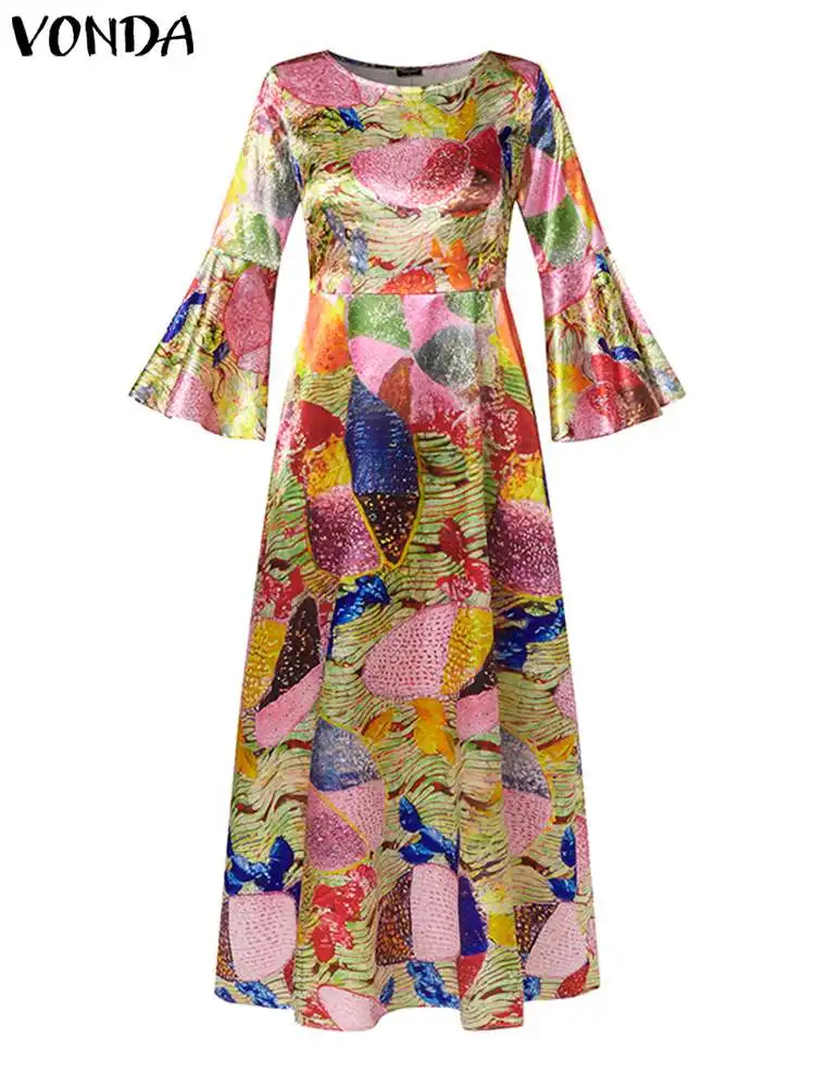 VONDA Plus Size 5XL Women Bohemian Maxi Dress Elegant Printed Long Shirt Dress Summer Long Flare Sleeve Sundress Party Vestidos