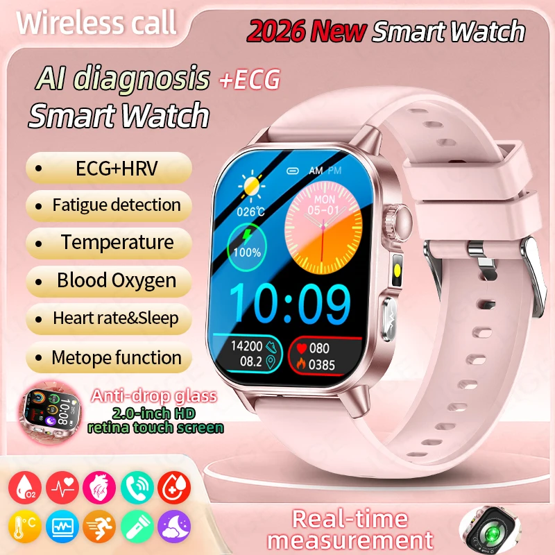 

Смарт-часы для анализа здоровья 2026: Новая модель с Bluetooth-звонками, ЭКГ+PPG, измерением уровня кислорода в крови, 2,01-дюймовым LED-дисплеем и фонариком. Для мужчин и женщин.