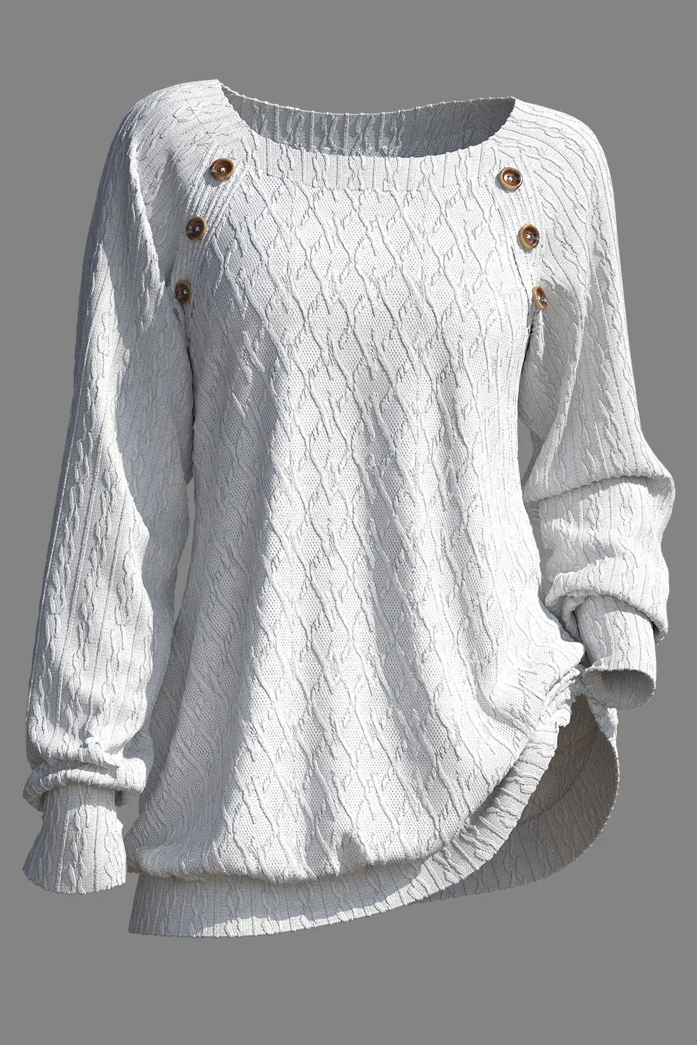 Plus Size Fall Winter Casual White Solid Round Neck Twist Knit Long Sleeve Decorative Button Sweater