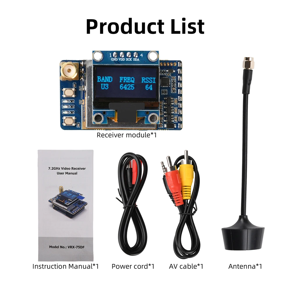 VRX-75DF FPV-Videoempfänger 6,1-7,2 GHz 64-Kanal-Analog für Drohnen mit 0,96-Zoll-OLED-Display – Detail 3