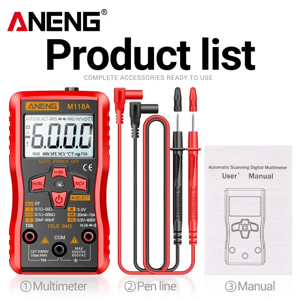 ANENG M118A Digital Multimeter Voltage Tester Pen Kit A3010 True RMS 6000/4000 Counts Auto-Range AC/DC Transistor Testing Tool
