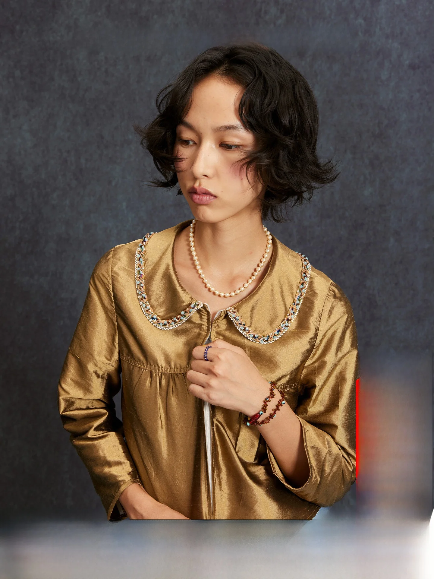 

Gold Doll Collar Zipper Top Bead Chain Decoration Women's irt Spring New Sle Girl's Faion Long Sve Silk Blend Blouse