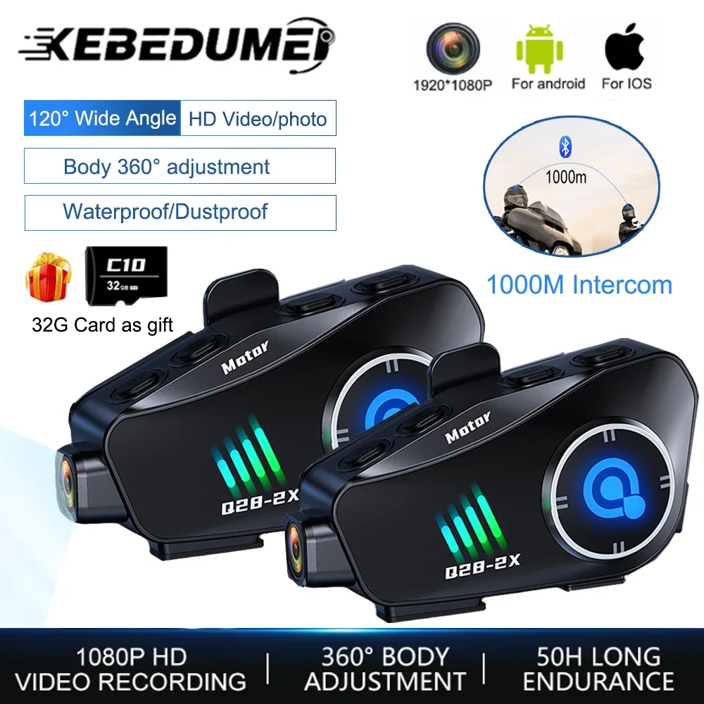 Kebidumei BT5.3 Motorcycle Helmet Intercom Headset 1000m intercomunicador moto Music Share Interphone WiFi App Dash Cam Auto Dvr