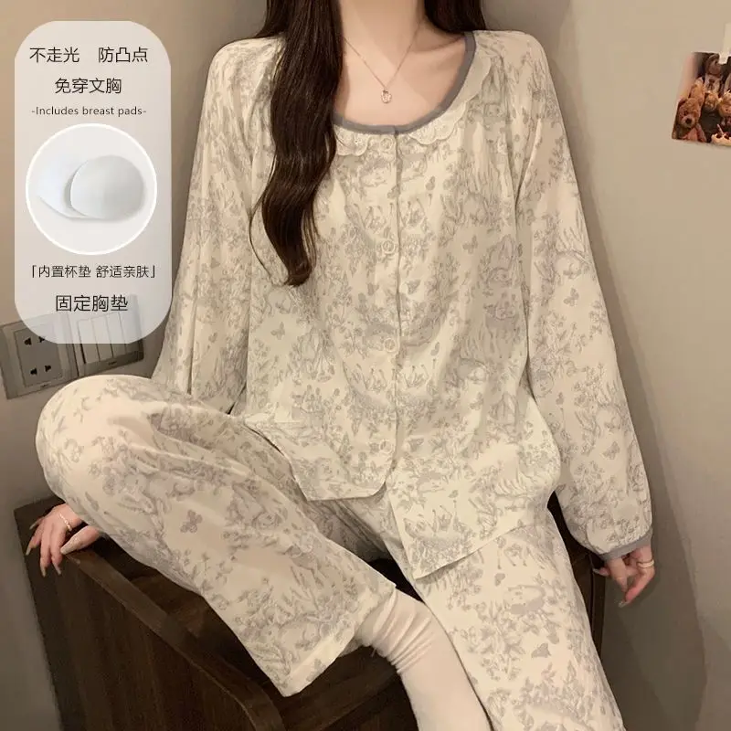 Neues Frühlings-Herbst Damen Langarm-Hosen-Pyjama-Set Mädchen Studenten Homewear mit Brustpolstern Damen Casual Schlafanzug Lady Loungewear