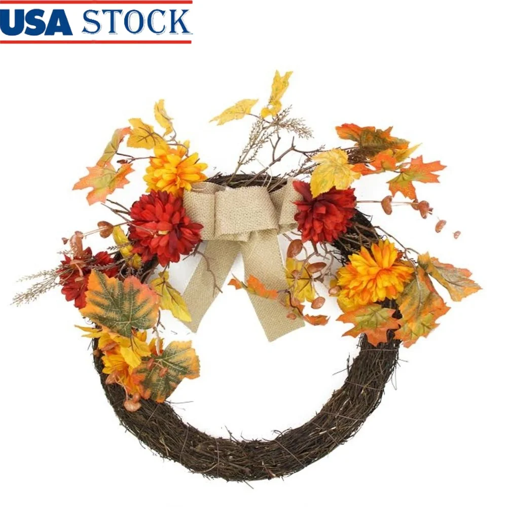 

20" Autumn Harvest Artificial Wreath Leaf Mum Flower Twig Unlit Thanksgiving Halloween Decoration No Assembly Indoor Use Natural