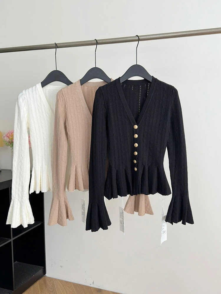 Cardigan en tricot à manches longues évasées et col en v pour femme, haut Vintage élégant, coupe cintrée, couleur unie, nouvelle mode coréenne Y2K, automne Y2k