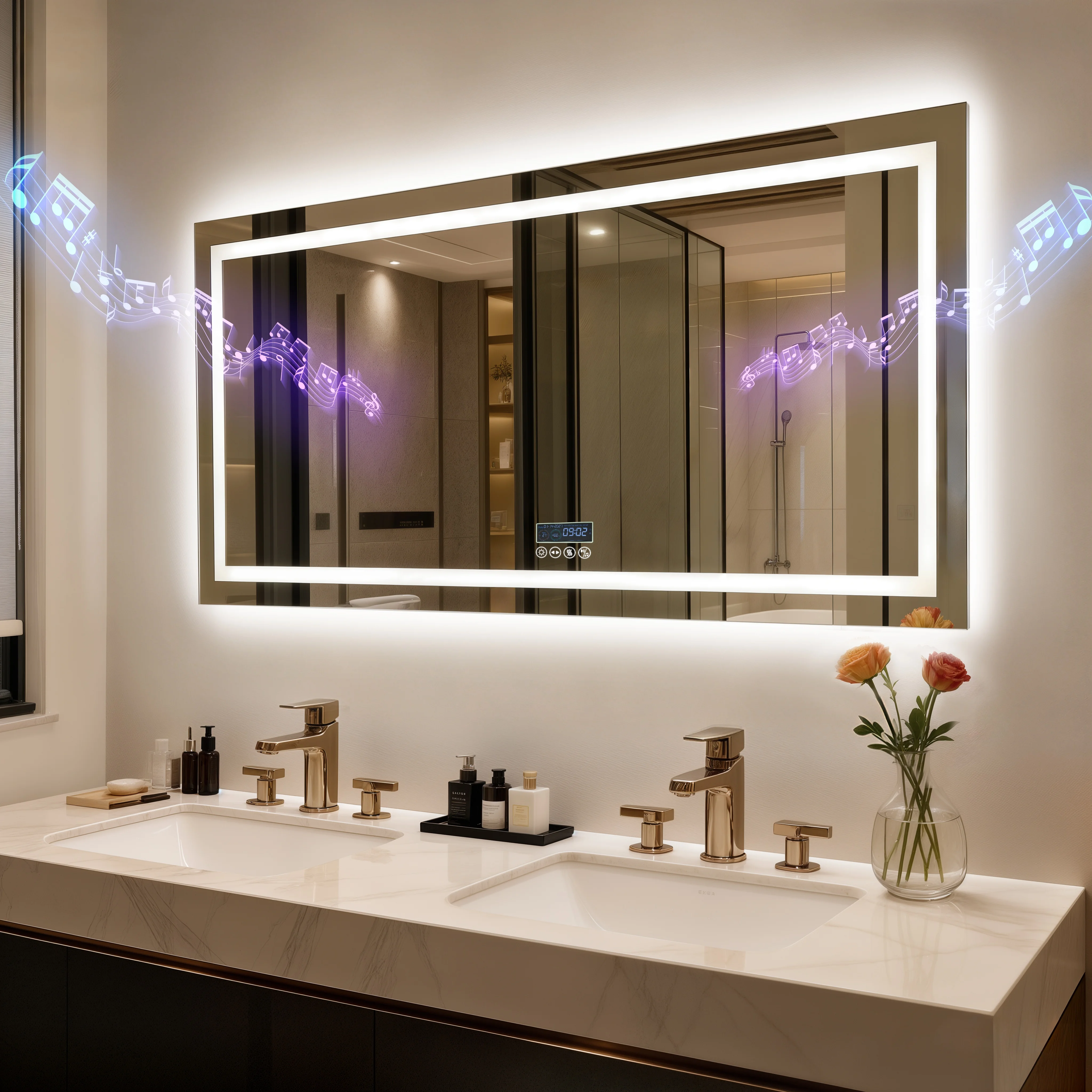 80/100/120/140cm LED Bathroom Mirror with Bluetooth Speaker Antifog Dimmable 3 Lights Time Setting Backlitligth Vanity Wall Mirr