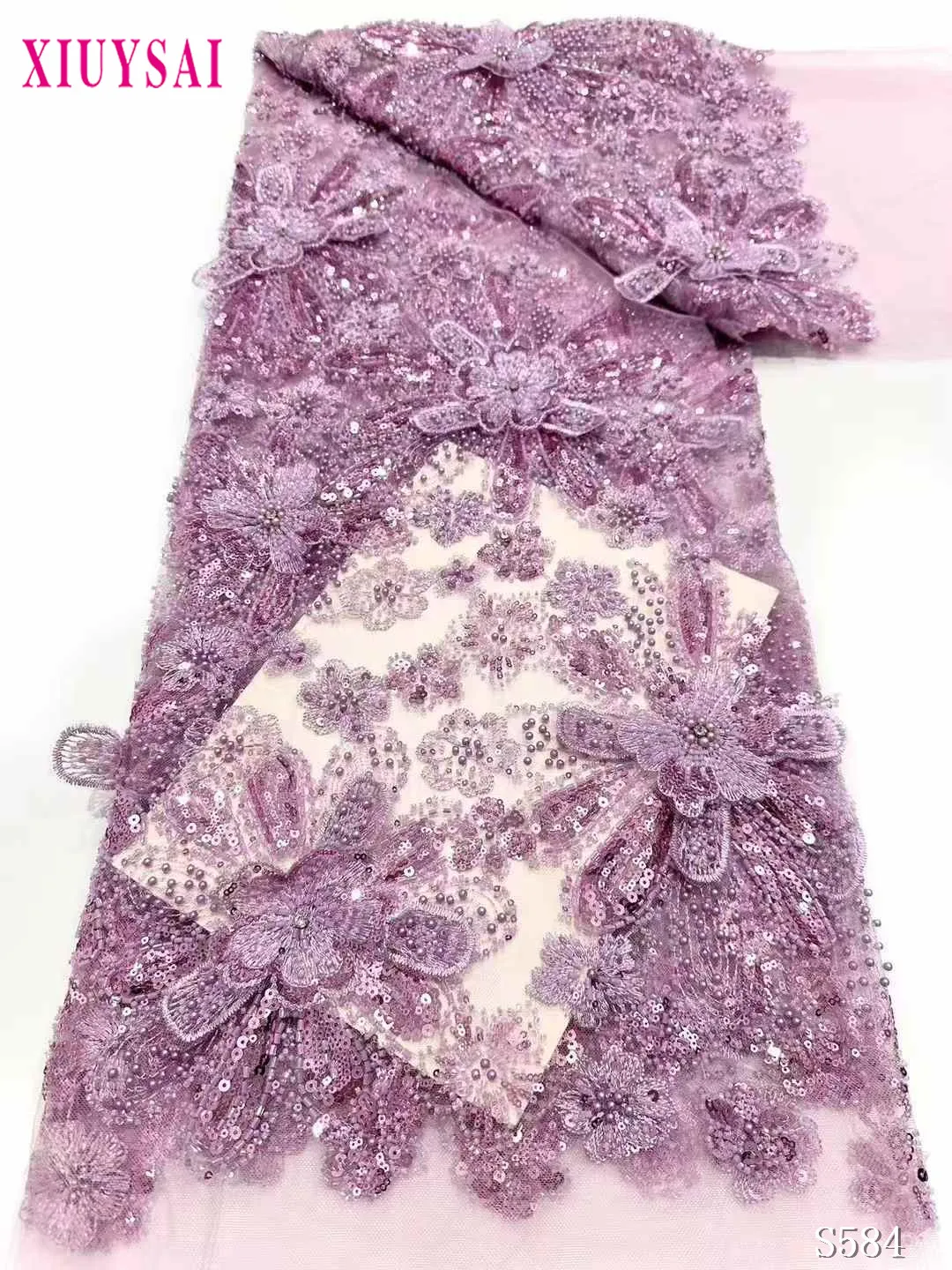 Luxury 2024 Latest French 3D Beaded Tulle Lace Fabric High Quality African Net Lace Fabrics With Sequins For Evening Dresses #5