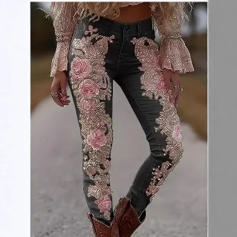 رومانسية الوردي روز زهرة طباعة الجينز خمر أنيقة زرر السراويل النسائية الخريف عالية الخصر سليم شيك بنطلون Harajuku #2