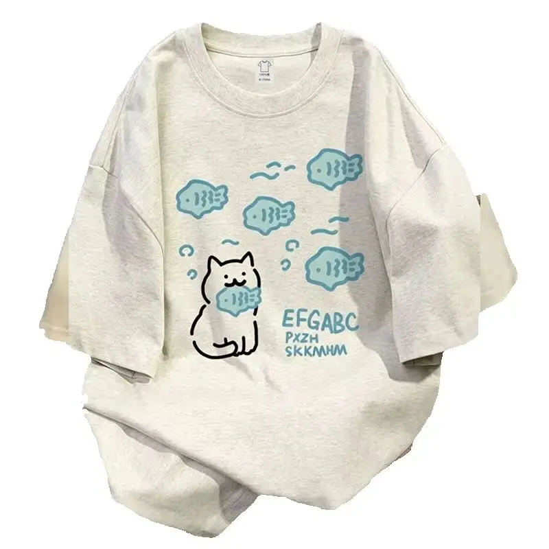 Graffiti Fish Cat Short Sleeved Printed T-shirt for Male and Female Students Summer Round Neck Loose Parent-child Top