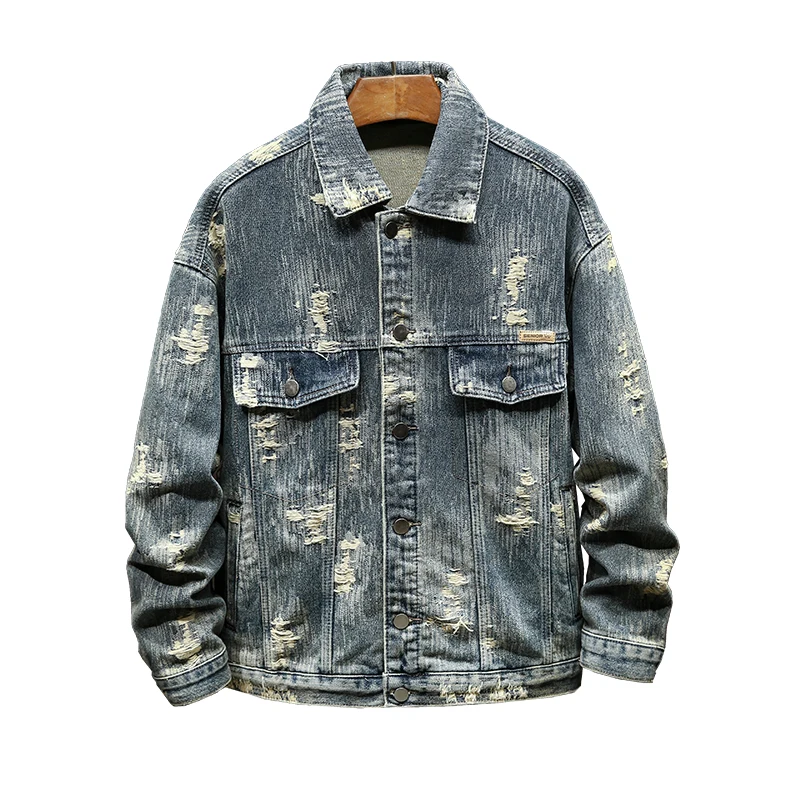 Blue Vintage Worn Looking Washed-out Worn Denim Coat for Men 2024 New Fashion Trendy Loose Y2K Jacket