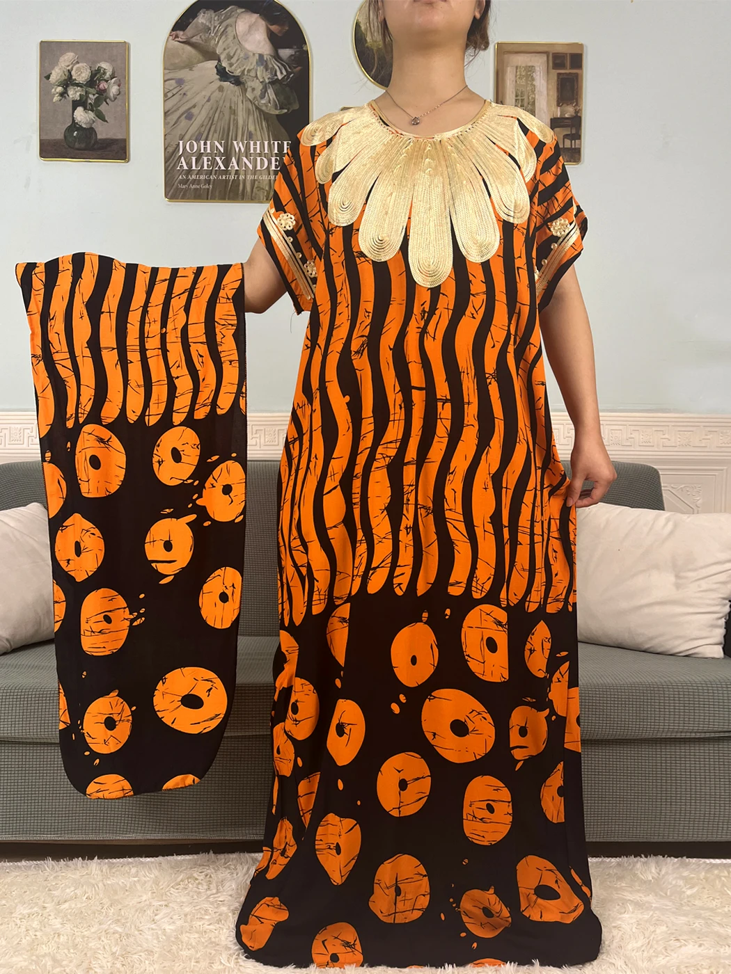 Muslim Woman Dress Summer Short Sleeves Printed Cotton Abayas For Women Boubou Loose Femme Robe Afreican Clothing With Headscarf 2