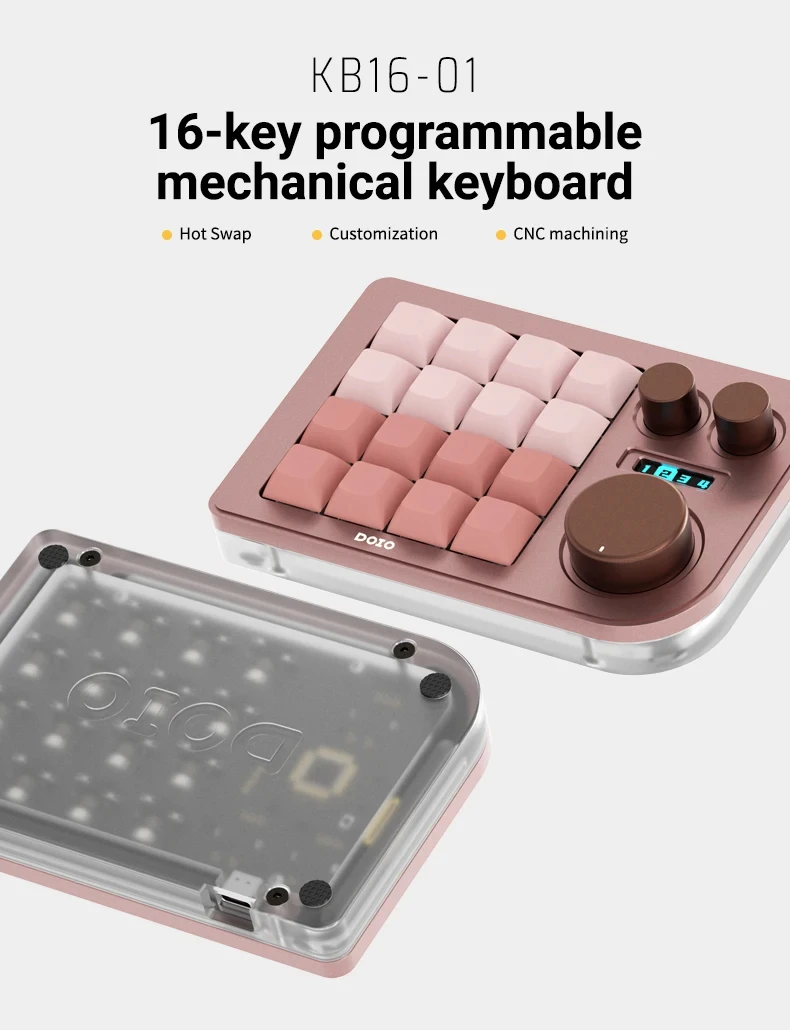 DOIO KB16-01 16Keys Mini Mechanical Keypad RGB Light Hot Swap Keyboard OLED Screen Ergonomics 3 Knob Aluminium Alloy Customize