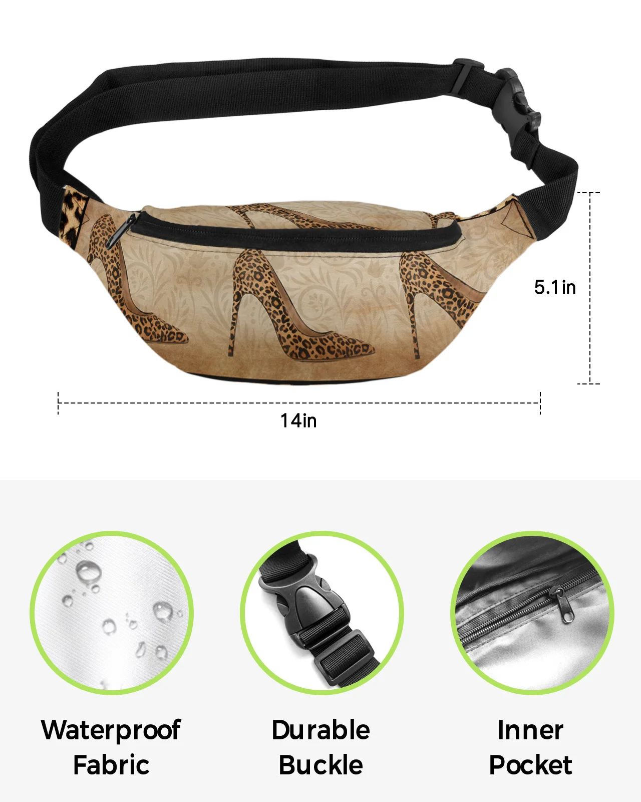 Leopard Print High Heels Waist Bag Women Men Belt Bags Large Capacity Waist Pack Unisex Crossbody Chest Bag