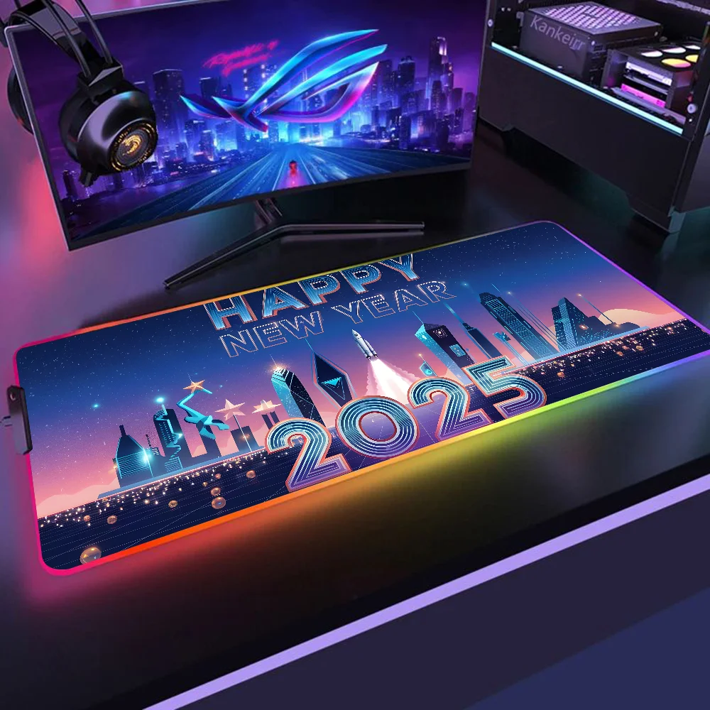 Feliz ano novo 2025 cidade futurista mousepad xxl rgb gaming mouse pads hd preto gamer acessórios grande led