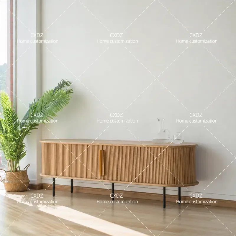 Solid Wood TV Cabinet White Oak Floor Storage Unit for Small Apartment Living Room Japanese Style Retro American Audio Visual