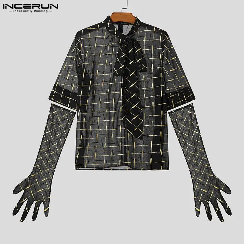 INCERUN Tops 2024 American Style Fashion Men\'s Checkered Mesh Thimble Design Shirts Casual Tie Collar Short Sleeved Blouse S-5XL