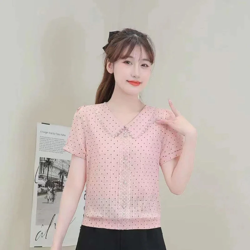 Summer Polka Dot Doll Collar Chiffon T-shirt Women Short-sleeved Fashionable Large Size Loose Shirt Belly Covering Top