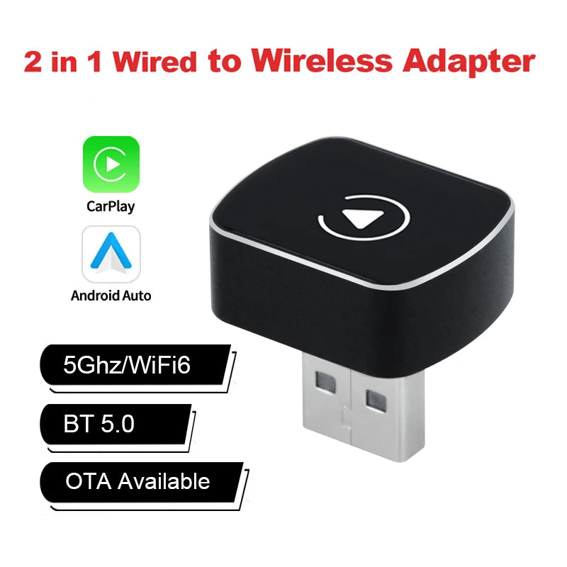 Wireless CarPlay Adapter 50% Smaller 2-in-1 Dual 5GHz WiFi 1-Min Setup for 1000+ Cars Compatible with iOS & Android