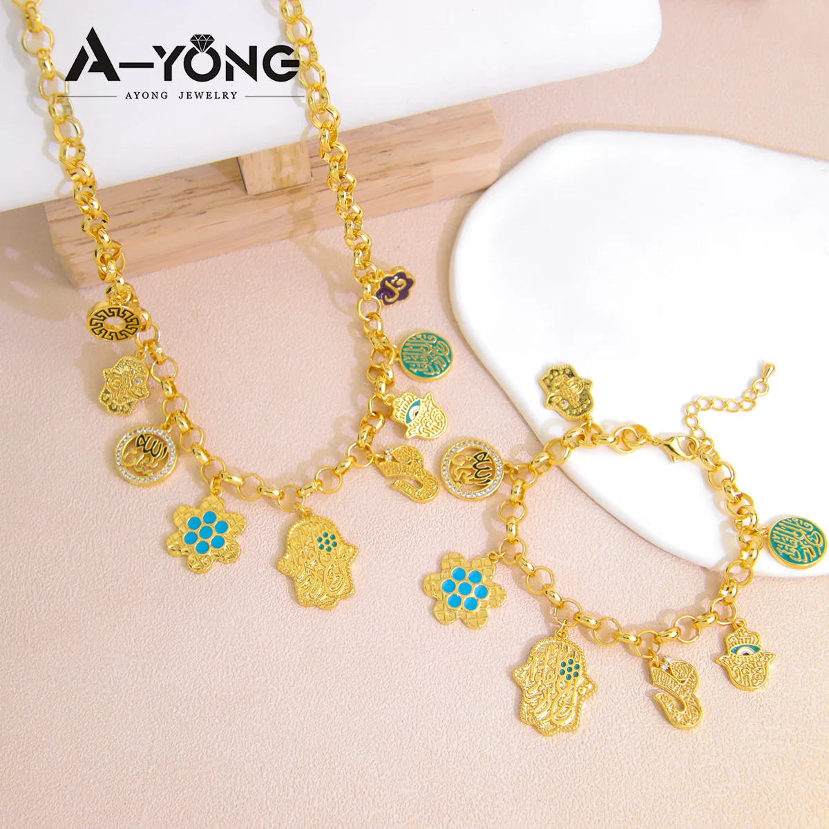 ชุดสร้อยข้อมือสร้อยคอแฟชั่นสีทองสไตล์อาหรับ21K เครื่องประดับงานปาร์ตี้งานอีเว้นท์สำหรับผู้หญิงผู้ชาย