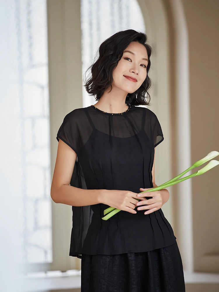 

New Chinese Sle Slim Fit Silk irt Light Thin Tfeta Women's Top Gathered Waist ort Sve round Ne Pure Color Button