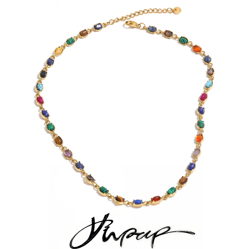 Yhpup Colorful Natural Amethyst Tiger Agate Rhodonite Stone Chain Necklace High Quality Stainless Steel Luxury Exquisite Jewelry