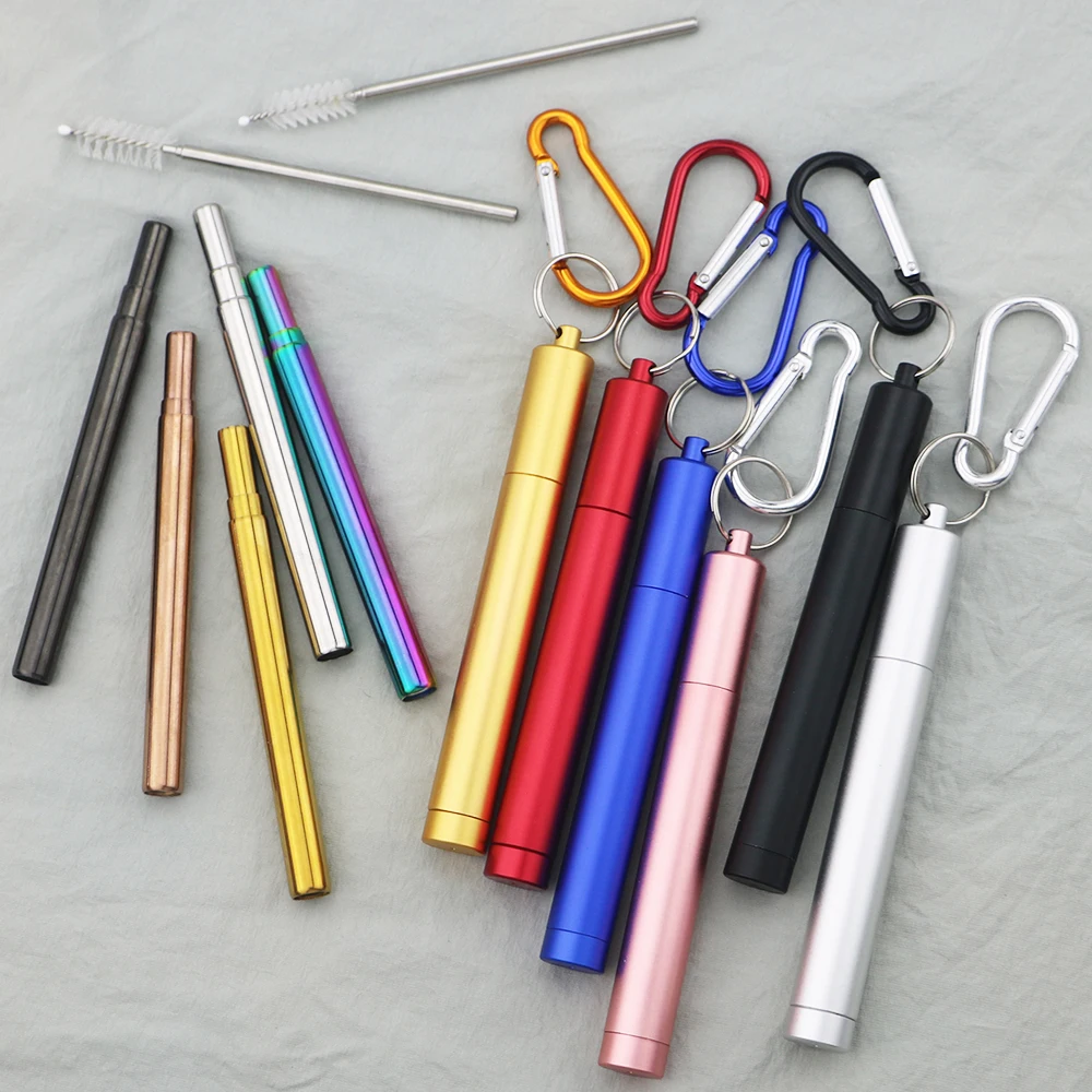 304 Stainless Steel Metal Straw Reusable Telescopic Straw with Cleaning Brush Carry Case Collapsible Portable Drinking Straw Set