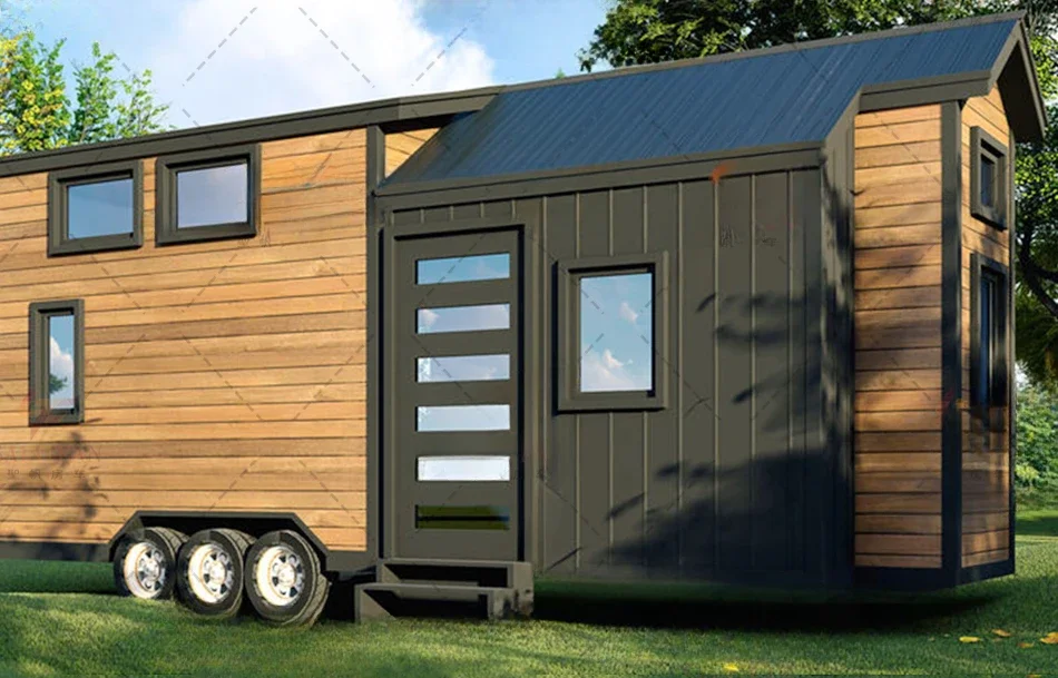 Prefabricated wooden mini sandwich panel modular small house with movable chalet wheels