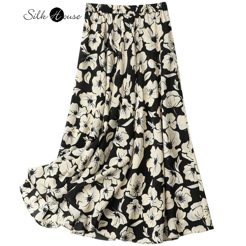 2023 Women's Fashion Spring/Summer New Silk Print A-line Elastic Waist Versatile Dropping Medium Length Silk Large Swing Skirt