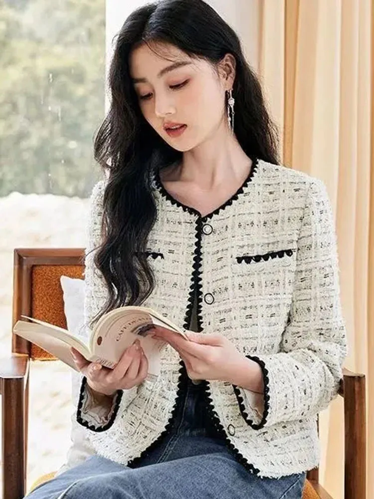 Korean Elegant O-neck Tweed Jackets Tops Women Casual Woolen Long Sleeve Coats Spring Fall Wool Blend Single Breasted Abrigos