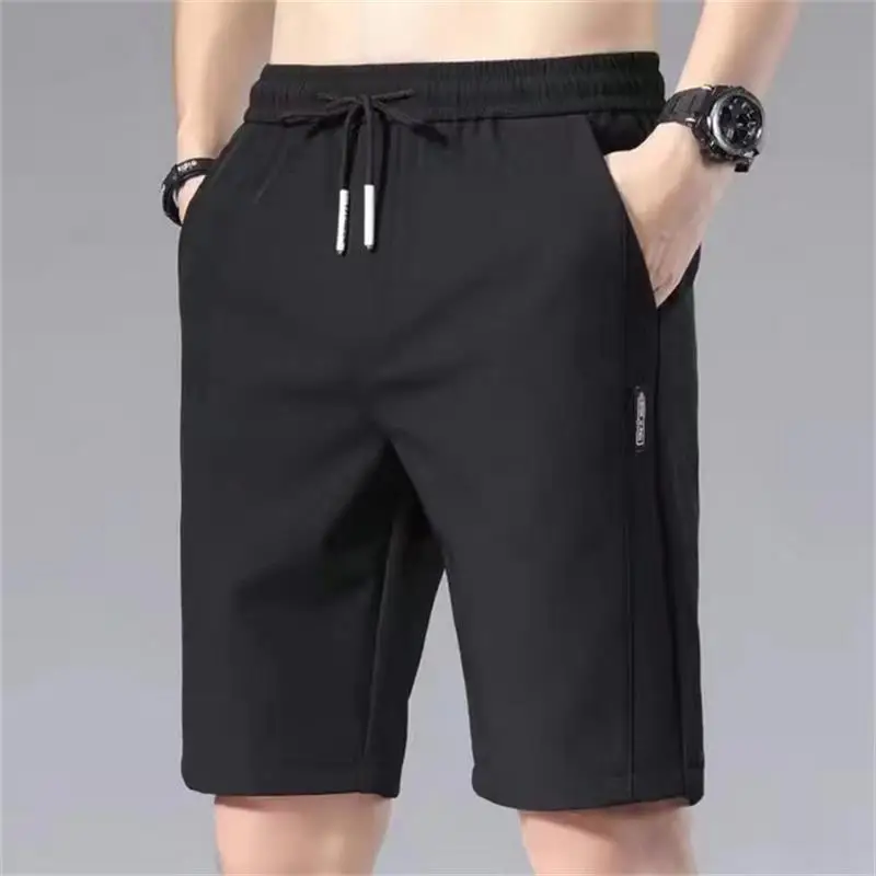 2024 Summer Men\'S Sports Shorts Solid Color Straight Pattern Loose Type Elastic Waist Drawstring Casual Shorts Jogging Pants