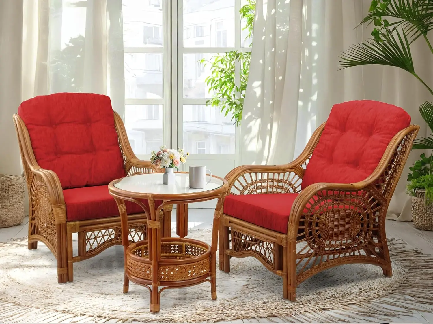 

Natural Rattan Handmade Patio Conversation Set Red Cushion Round Glass Coffee Table 2pc Outdoor Garden, Customized