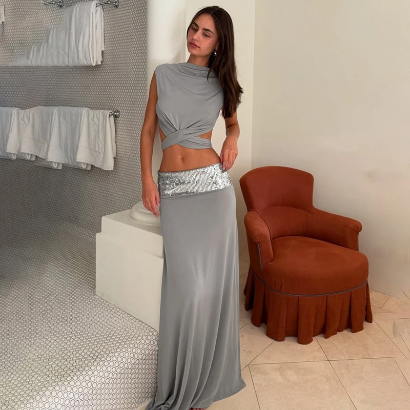 

STYLISH LADY Elegant OL 2 Piece Set Women Sleeveless Backless Crop Top and Sequined Maxi Skirt Suits 2025 Summer Solid Outfits