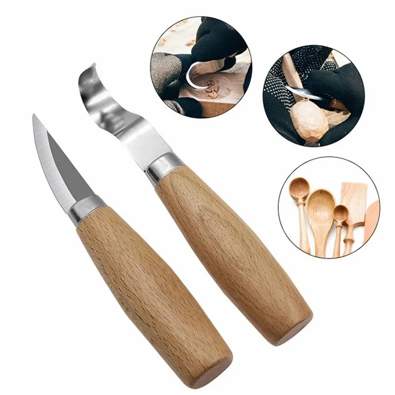 2Pcs Wooden Carving Hook Knives Set for Beginners Professional Beech Wood Handle Peeling Carving Chisels Kitchen Tools