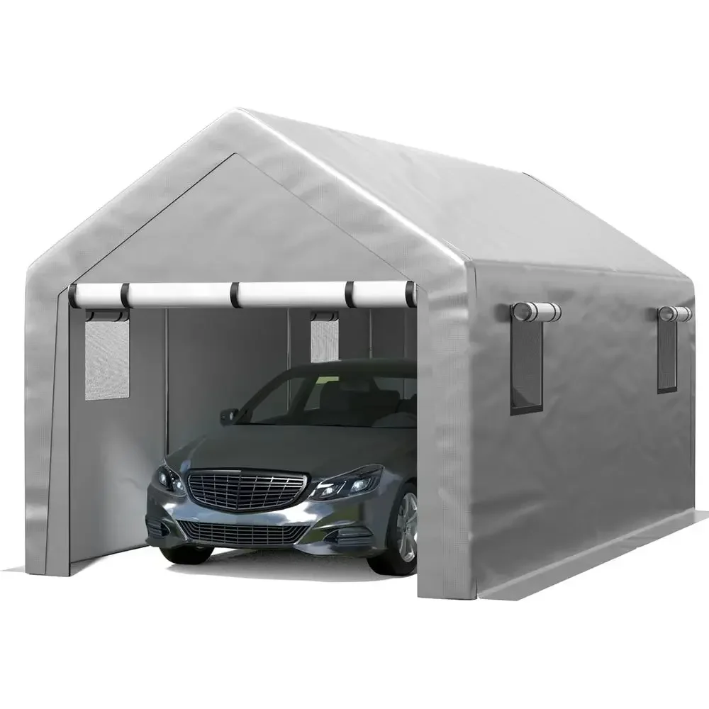 10x20 Enclosed Carport with Roll-up Windows, Portable Garage, Removable Sidewalls, and Sandbag-Secured Car Tent for All-Season P