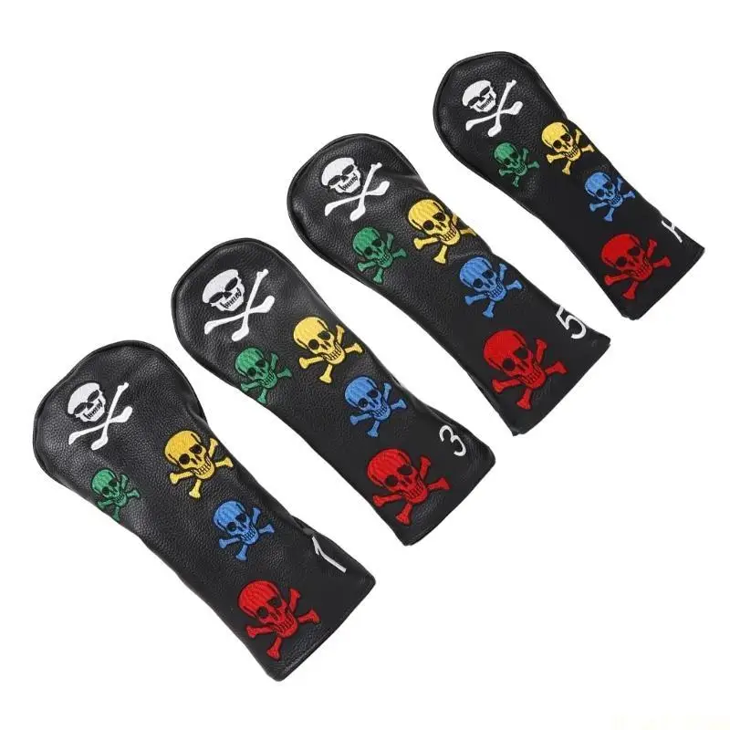 M5TC 4Pcs PU Leather Golfs Club Head Cover Skull Pattern Fairway Headcover Golfs Driver Fairway Head Cover
