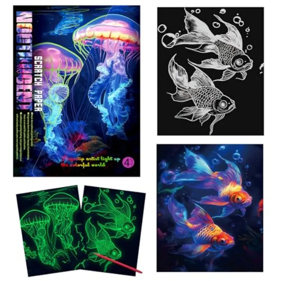 Scratch Art for Adults and Teens, 4 Sheets Glow in The Dark Rainbow Scratch Paper, Beautiful Night View Scratch Painting Seabed