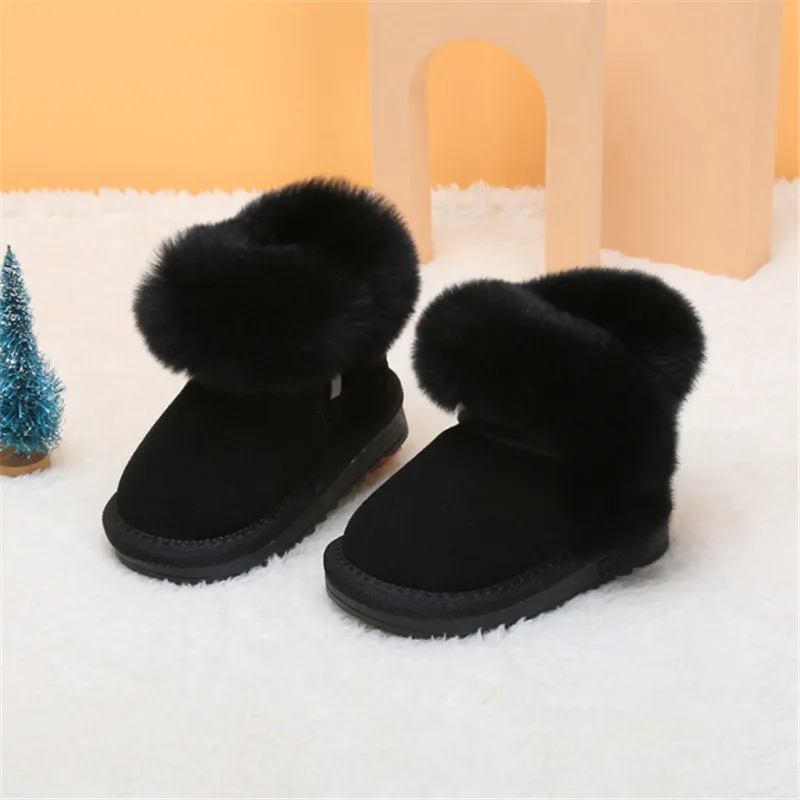 Botas de invierno para bebé, botas de cuero cálidas de felpa para niña, suela suave con cremallera lateral, botas de nieve para niños pequeños de 15