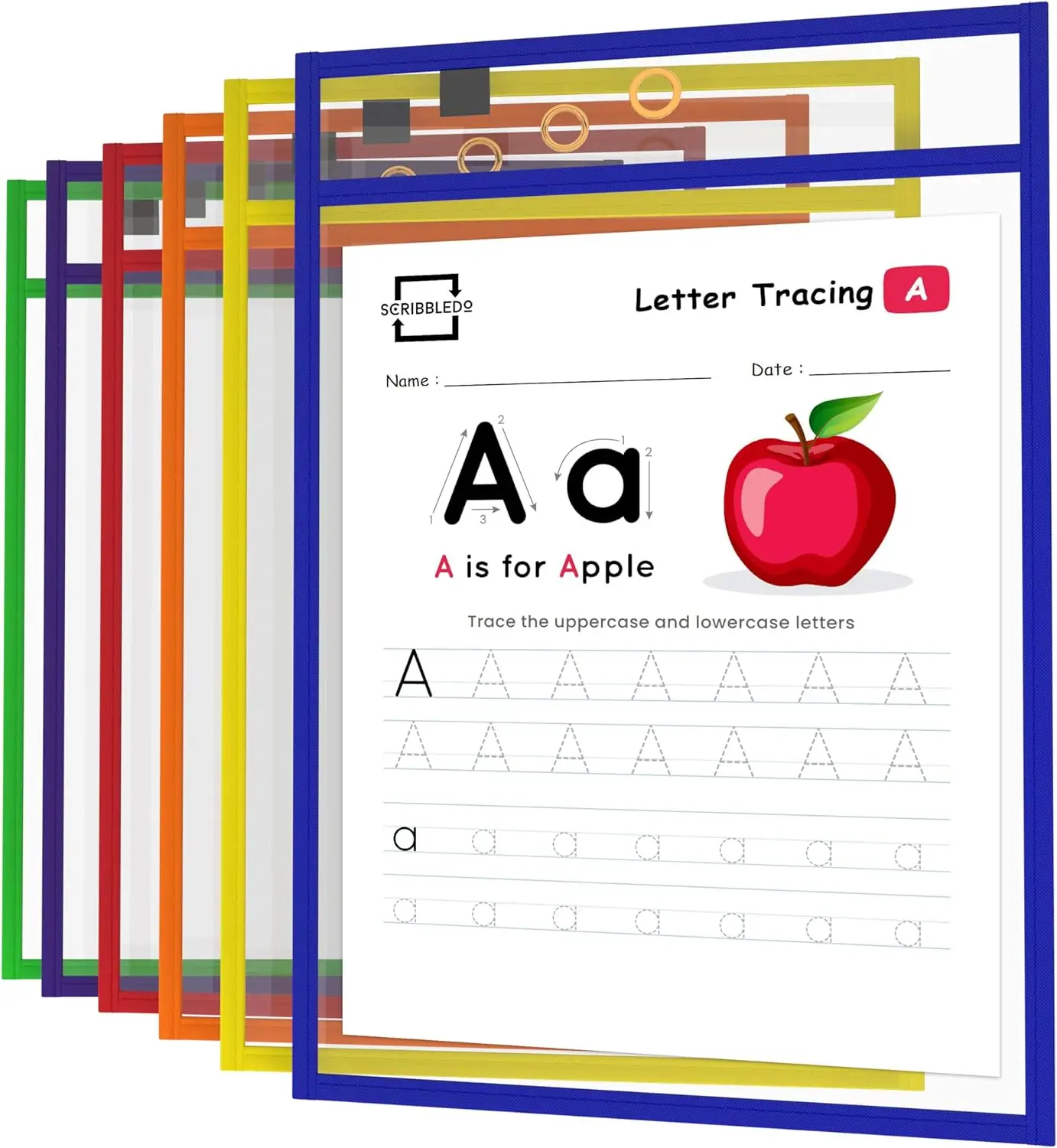 

Reusable Dry Erase Sleeves, 6 Pack with Marker Holder, Colorful Pocket Sleeves for School or Work, Assorted Colors Sheet Protectors