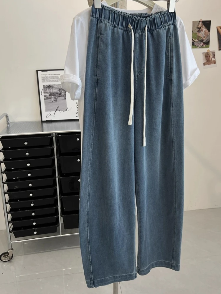 Spring Autumn Student For Daily Japanese Draped Women Denim Straight Pants Elastic Waist Drawstring Loose Lazy Casual Trousers